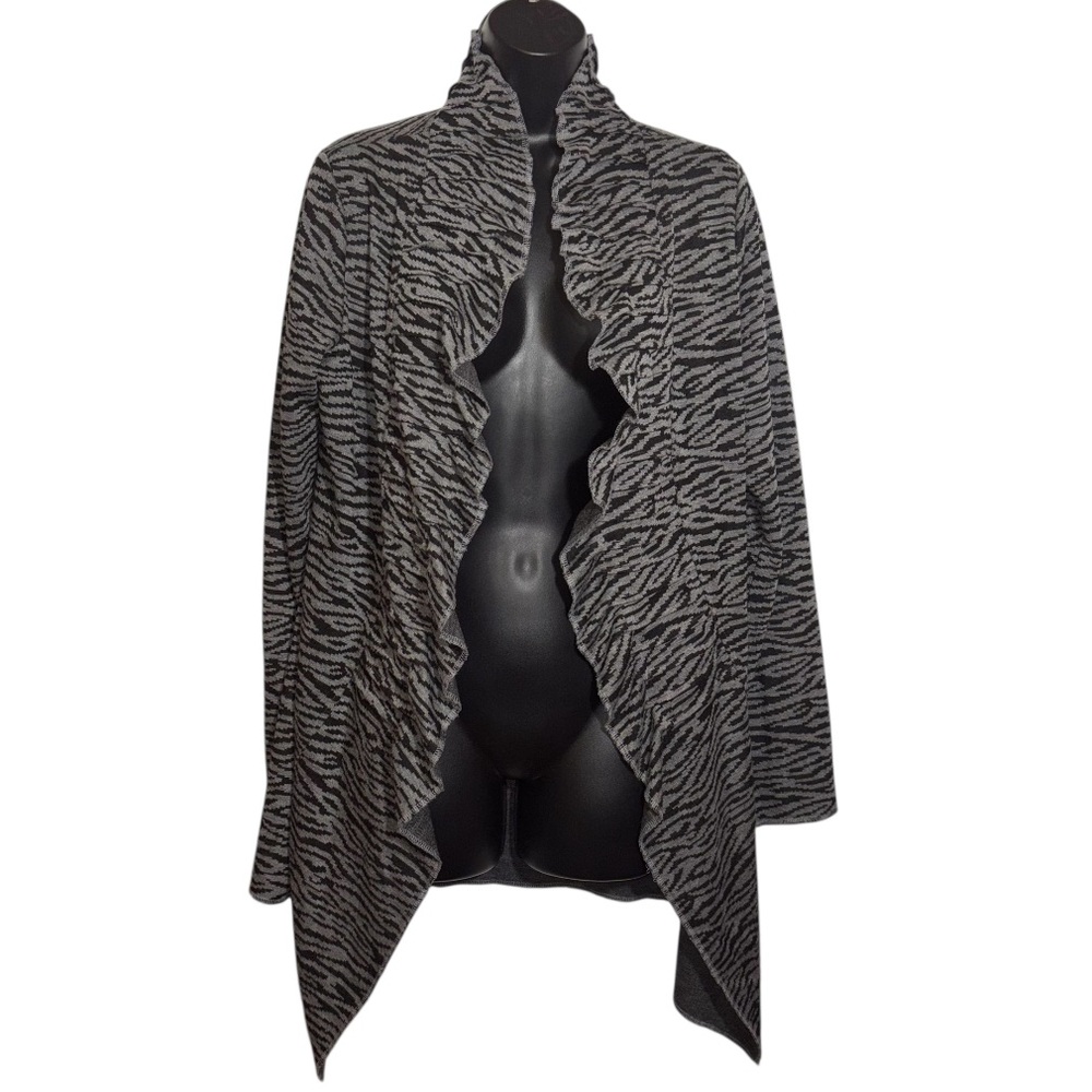 Fever Cardigan Ruffle Collar Long Sleeves Open Front Gray Zebra Print Size Large
